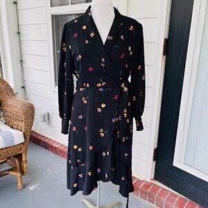 CABI Wrap Dress Black Multi Floral Women's M Midi Length Long Sleeve Career
